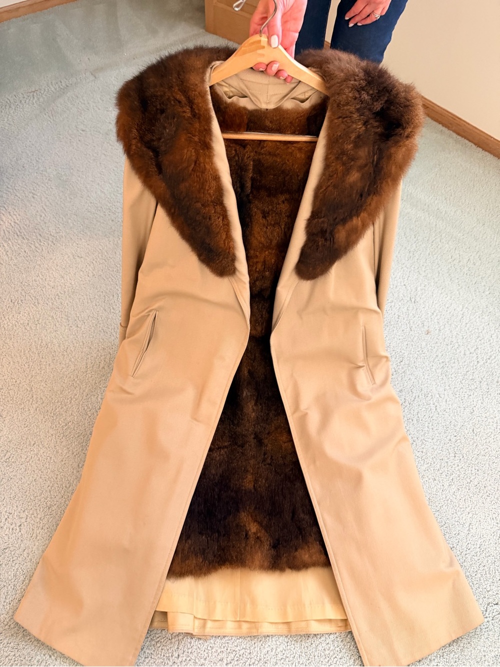 Women’s Tan Opossum Fur-Trim Long Coat